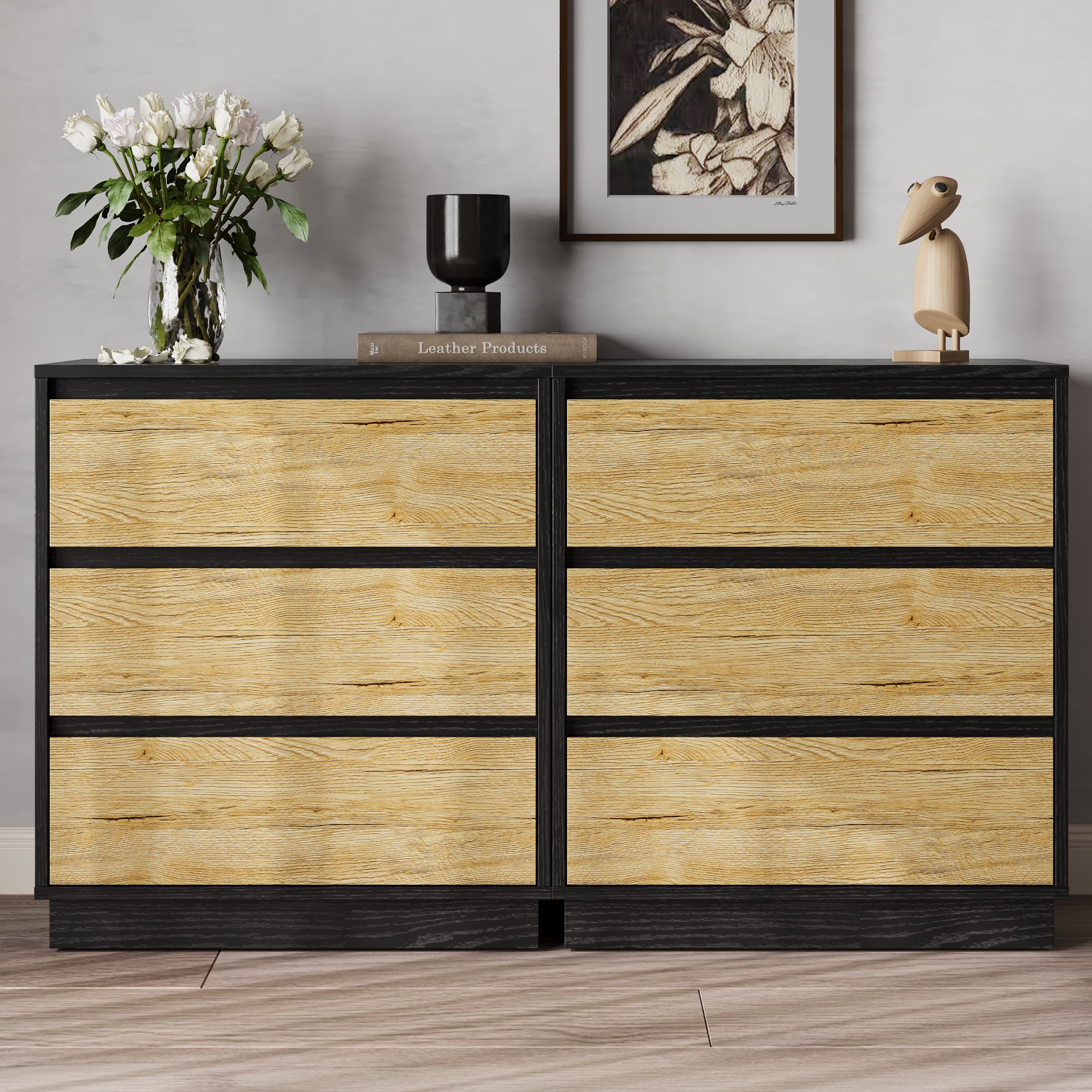 Wide Nightstand With 3 Drawers, Modern Chest Of Drawers For Bedroom, Large End Table With Hidden Pull-out System, Wooden Dresser For Living Room, Closet, Black And Wood_maomaolike.com